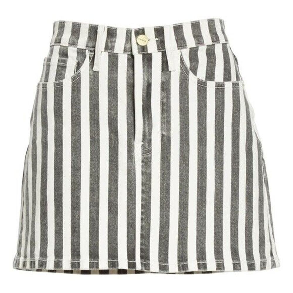 Frame Le Mini Beatnik Stripe Denim Skirt in Noir Multi Gray White Pocket…